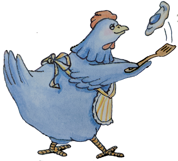 Blue chicken cooking eggs